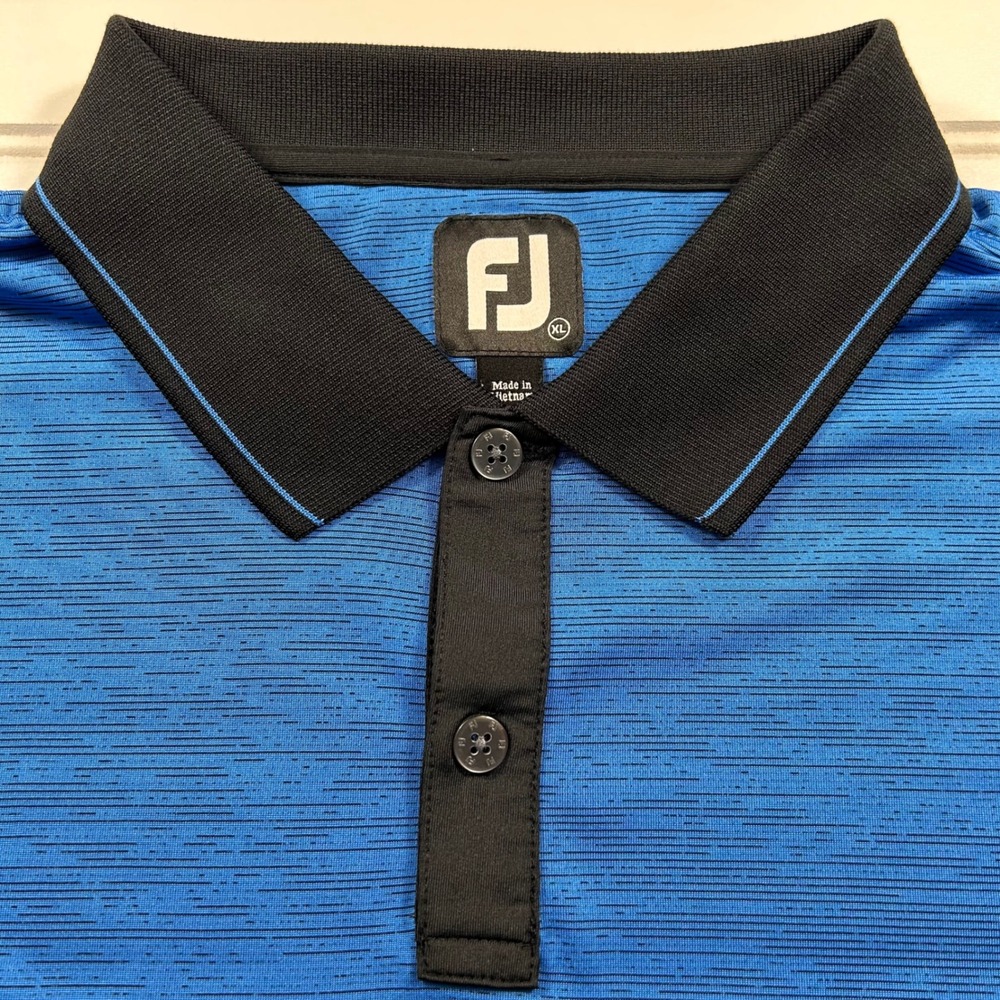 FootJoy Golf Polo Shirt Mens XL French Blue Black Broken Pinstripe Stretch Lisle